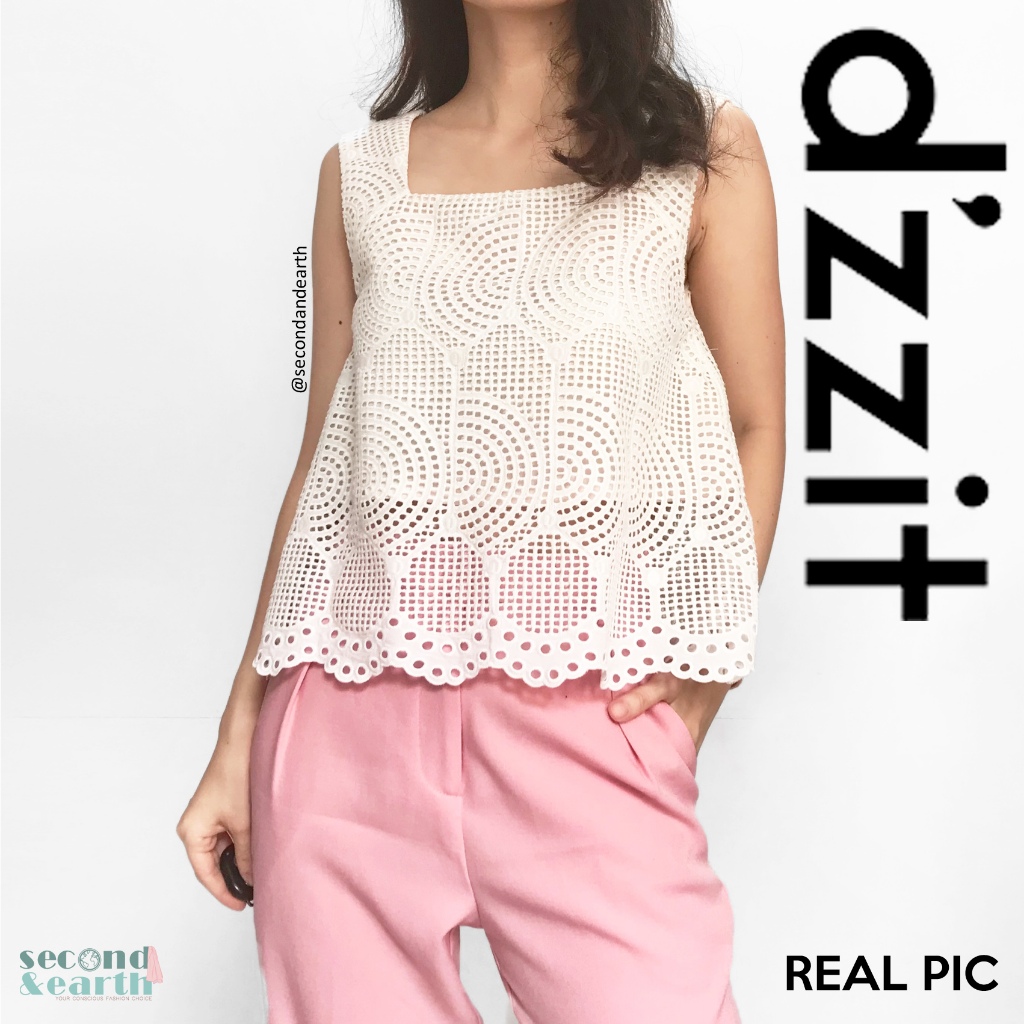 Dzzit Authentic Blouse (XS) Atasan Tanpa Lengan Brokat Katun Tebal Lehel Persegi Putih Polos Sleevel