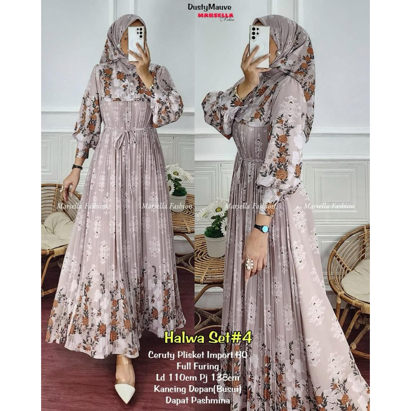 HALWA SET DRESS FREE HIJAB CERUTY PLISKET MOTIF FULL FURING 2303