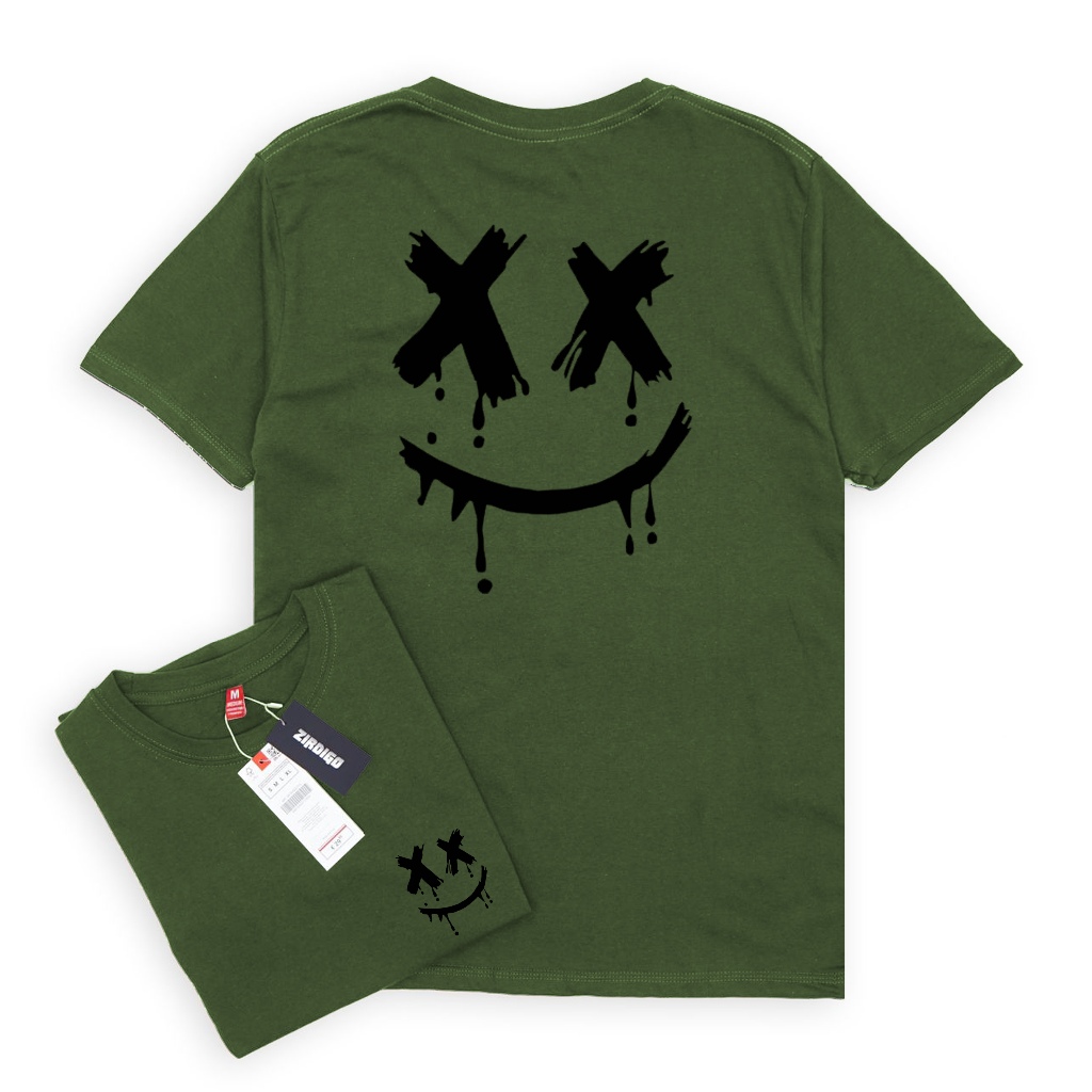 Zirdigo Kaos Distro Smile XX Black debe Lengan Pendek Print Quality Baju Pria-Army