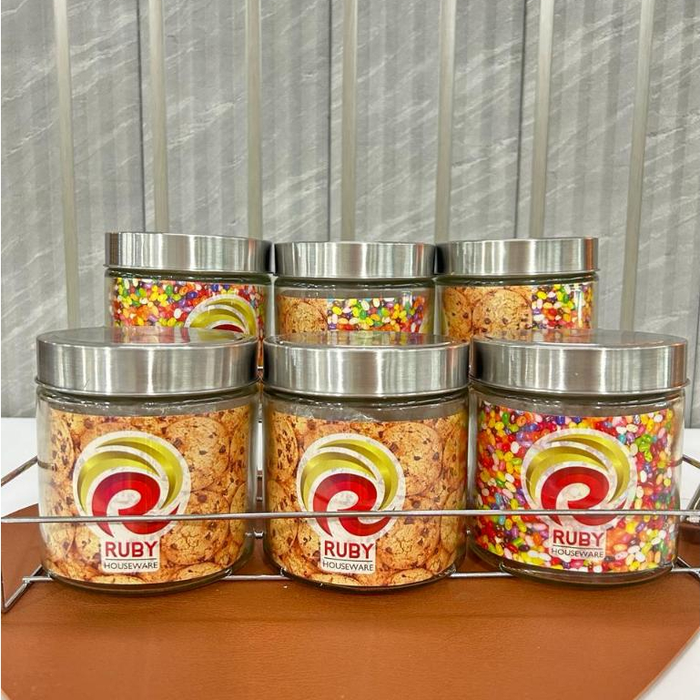 Toples Kaca Set 6 Pcs + Rak / Toples Penyimpanan / Toples Kue Lebaran / Toples Bening Transparan Ser