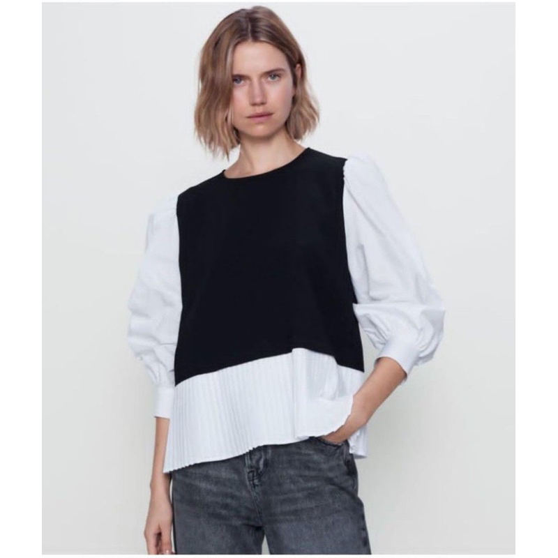 Zara Contrast Pleated Blouse Top