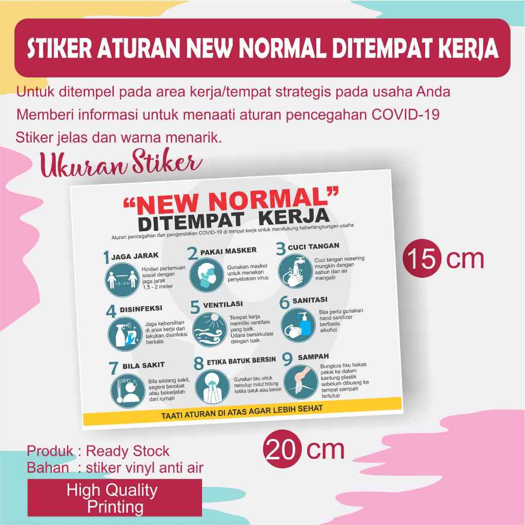 

STIKER ATURAN NEW NORMAL DI TEMPAT KERJA UKURAN 20 X15 CM