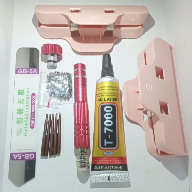 Paket service hp lengkap obeng 5 mata lem lcd 15ml isi hitam 2pcs penjepit lcd besi congke dan baut 