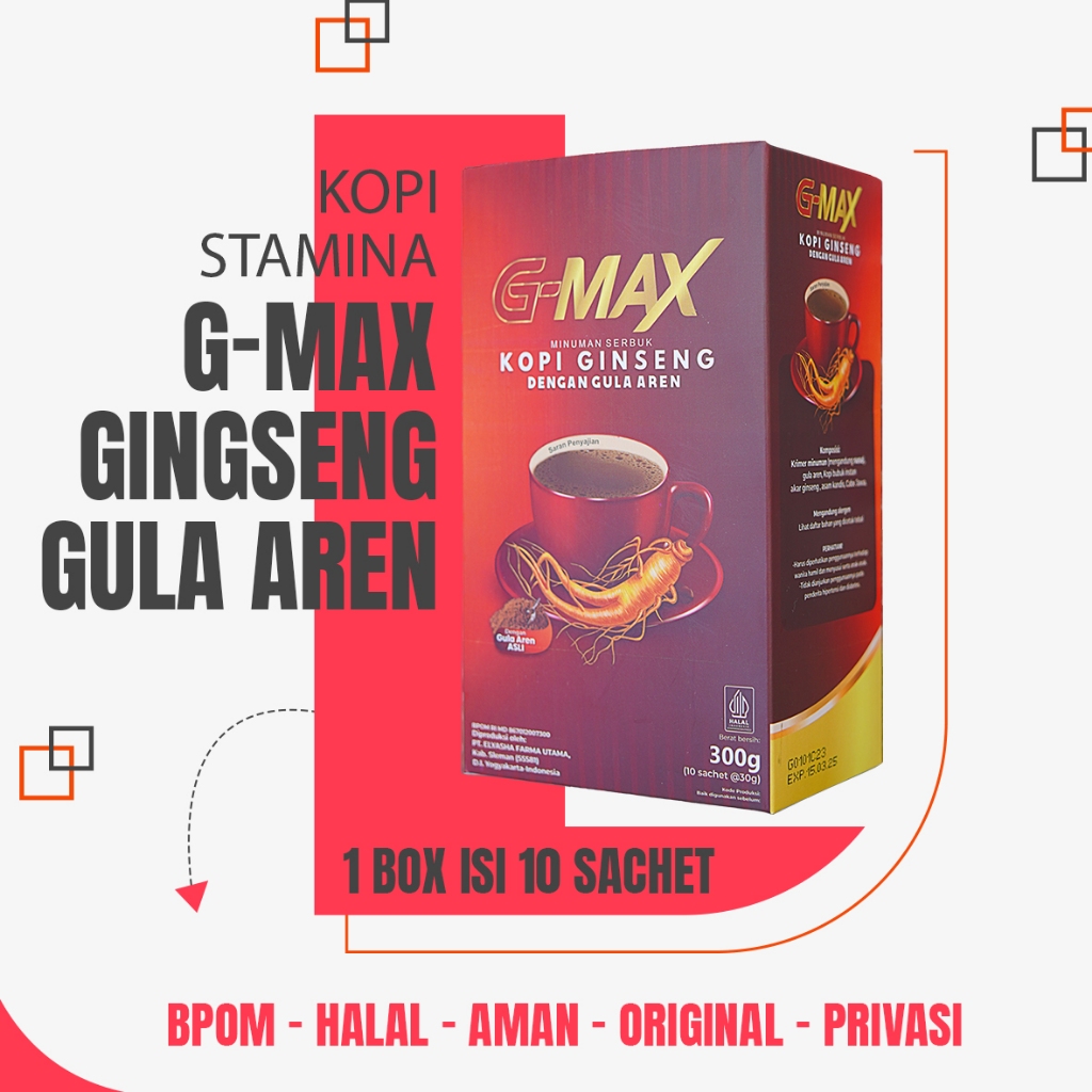 

KOPI STAMINA PRIA DEWASA TAHAN LAMA SEMALAMAN ORIGINAL BPOM G-MAX KOPI EXTRA GINGSENG 10 SACHET DARI HERBAL ALAMI