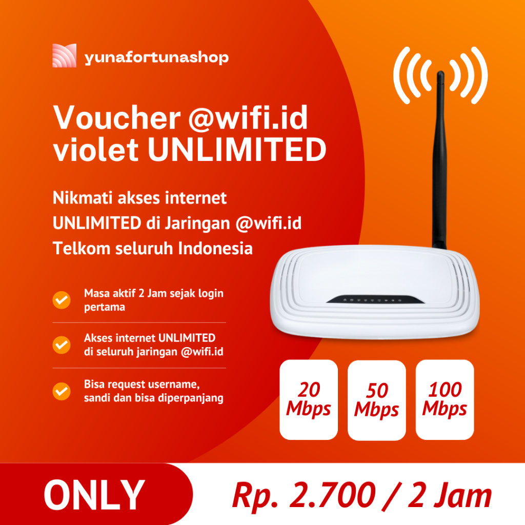 Voucher @wifi.id VIOLET MINI (2 jam) True UNLIMITED Tanpa FUP