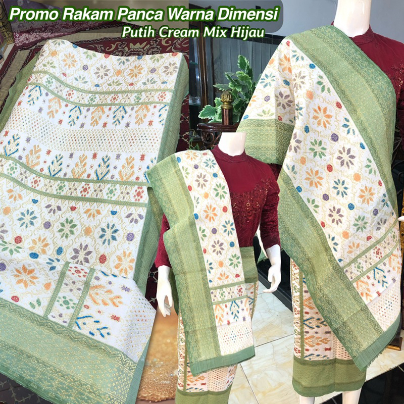Songket Rakam Panca Warna Dimensi Promo / Putih mix Sage & Hijau / songket tenun asli palembang /ilh