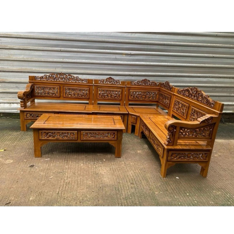 kursi tamu sudut plus jok dan kaca,kursi tamu jati,kursi ukir jati