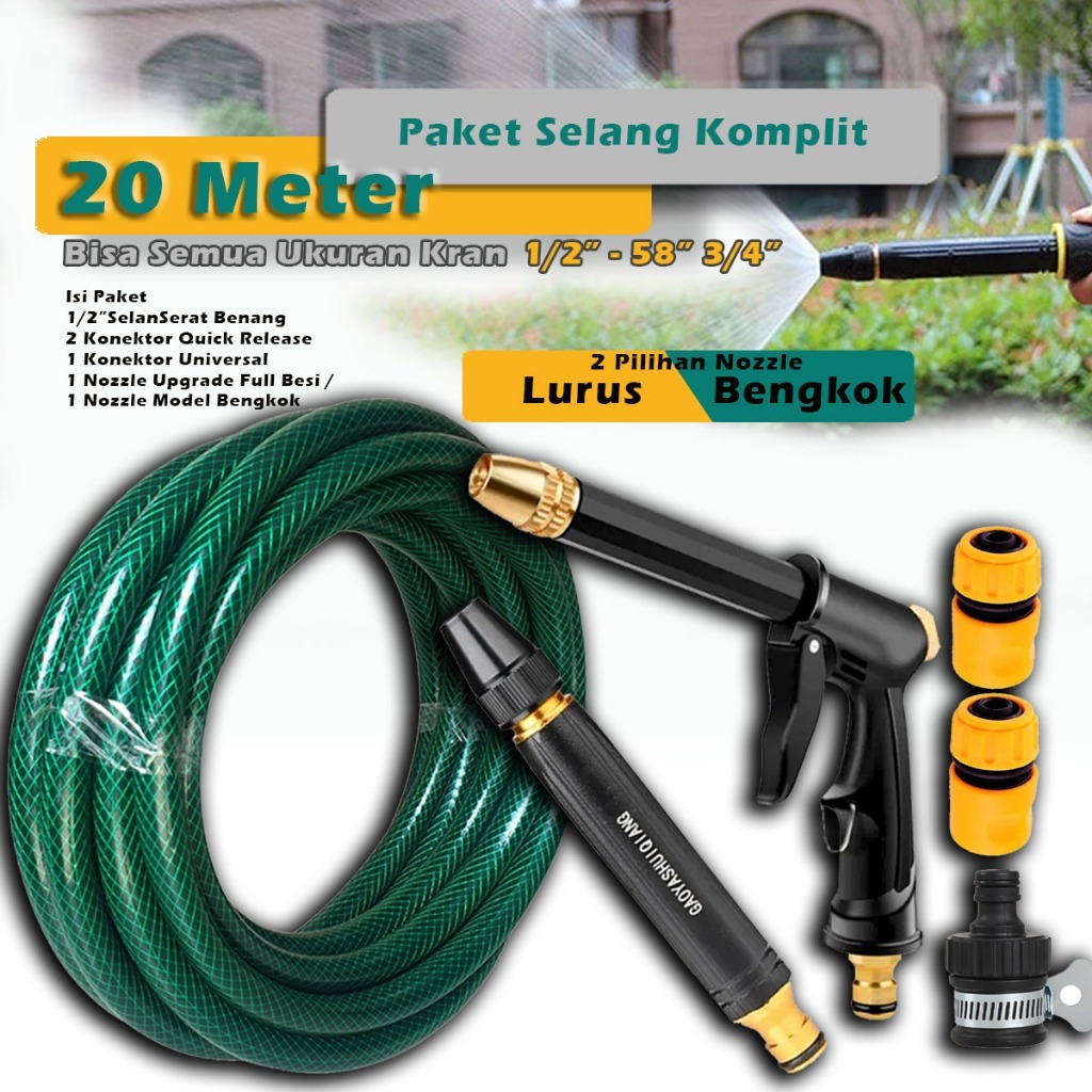 Ralali Paket 20 Meter Selang Semprotan Air Semprot Cuci Motor Mobil Siram Taman Benang Hijau Komplit