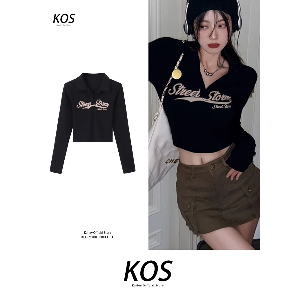 Atasan Rajutan Rajutan Retro Hitam/Huruf Lengan Panjang Crop Wanita/Kaos Gaya Jalanan Berkerah Polo/