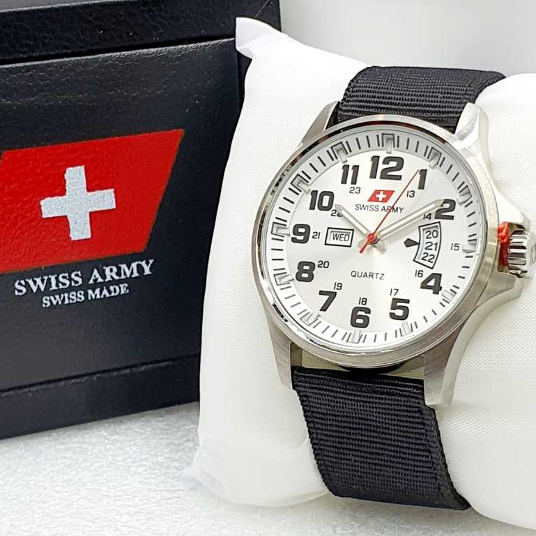 Jam Tangan Pria Swiss 2305 Original  Tali Kanvas,Jam Tangan Army Tanggal Hari Aktif Fullset