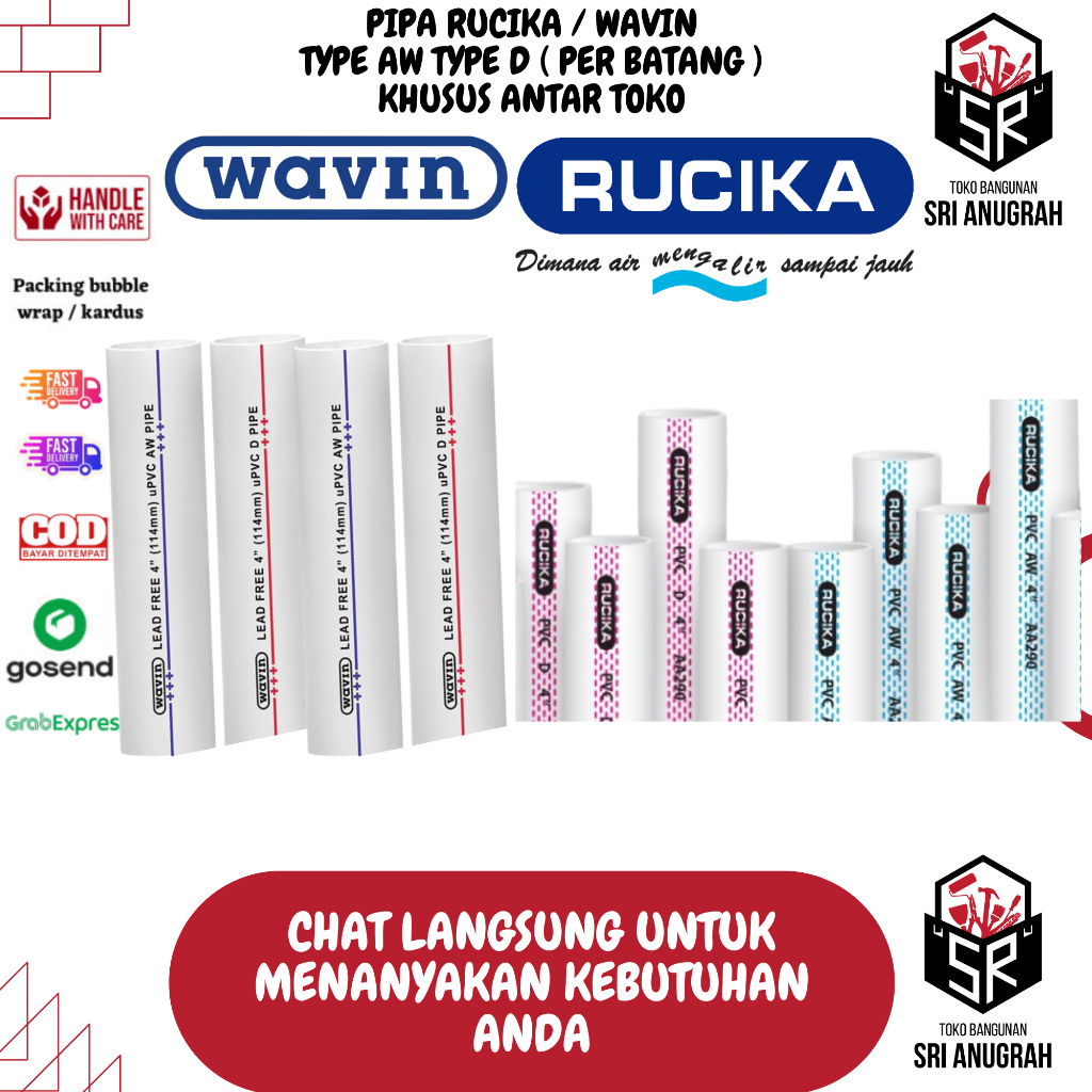 Pipa Air PVC RUCIKA PER BATANG / WAVIN Ukuran 1/2" 3/4" 1" 1.5" 2"