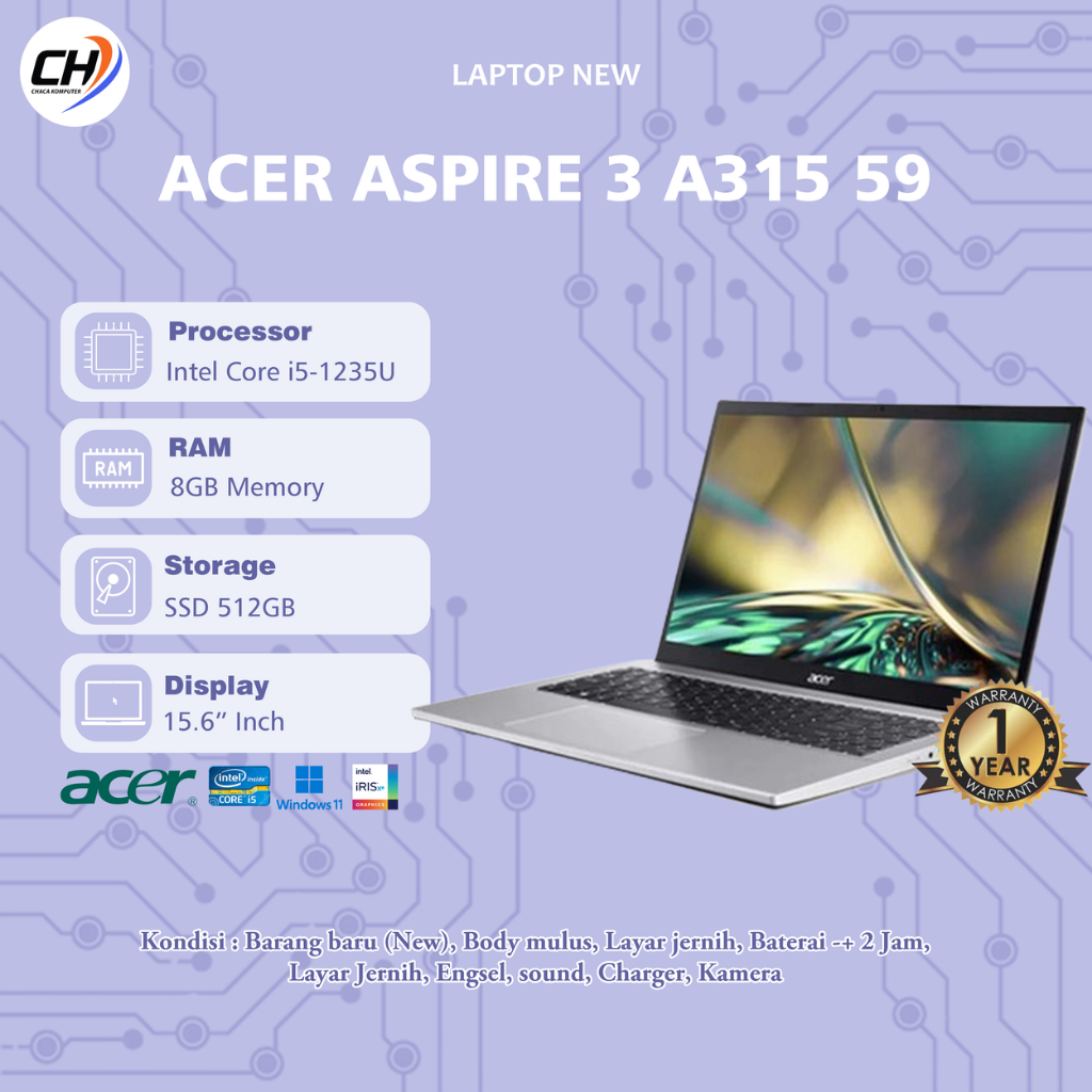 Laptop Acer Aspire 3 A315 59 New - RAM 8GB SSD 512GB