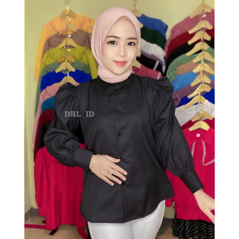 Kemeja puffy shoulder warna hitam putih baby blue atasan blouse wanita terbaru lengan balon kerah ke