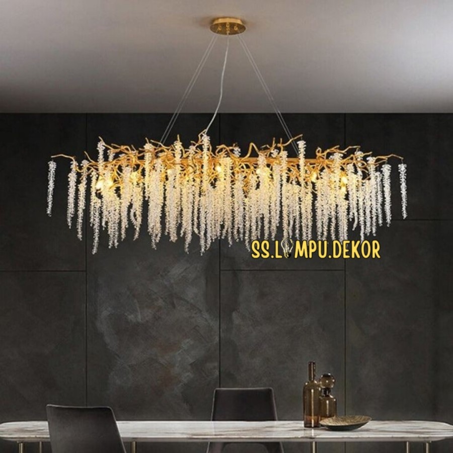 Lampu Gantung Kristal Ranting Akar Lampu Hias Ruang Tamu Mewah Gold Modern