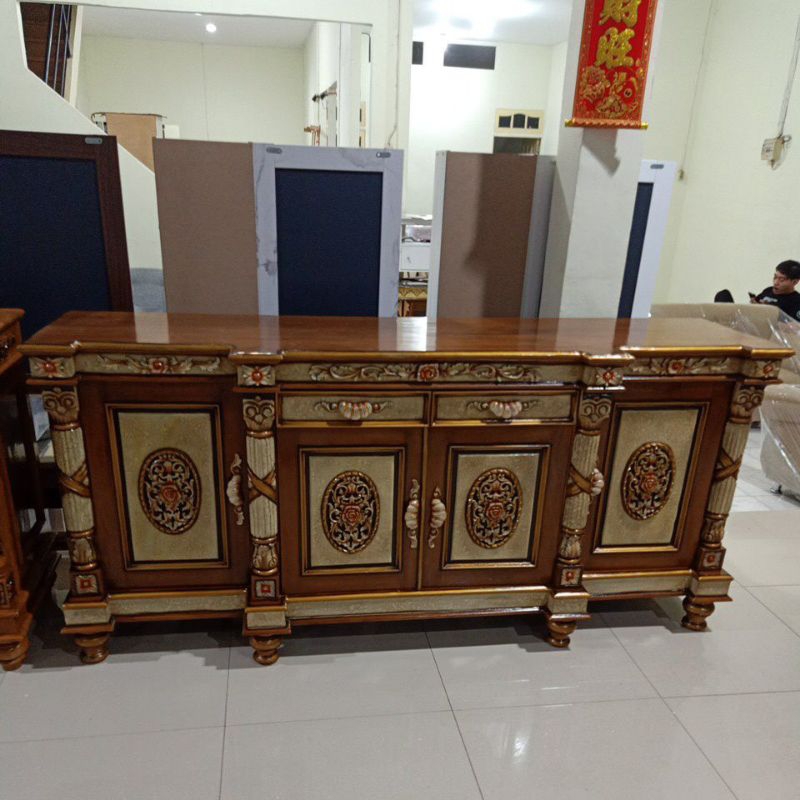 bufet jati motif marmer 2m