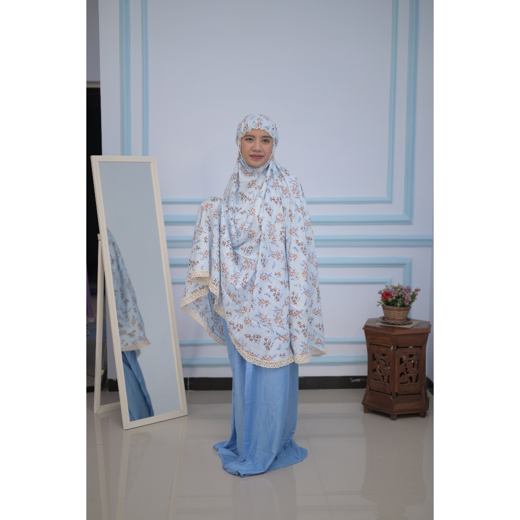 SALE Mukena Halia - Mukena Setelan Bali Motif Bunga Putih Renda - Mukena Setelan Dewasa Rayon Berkua