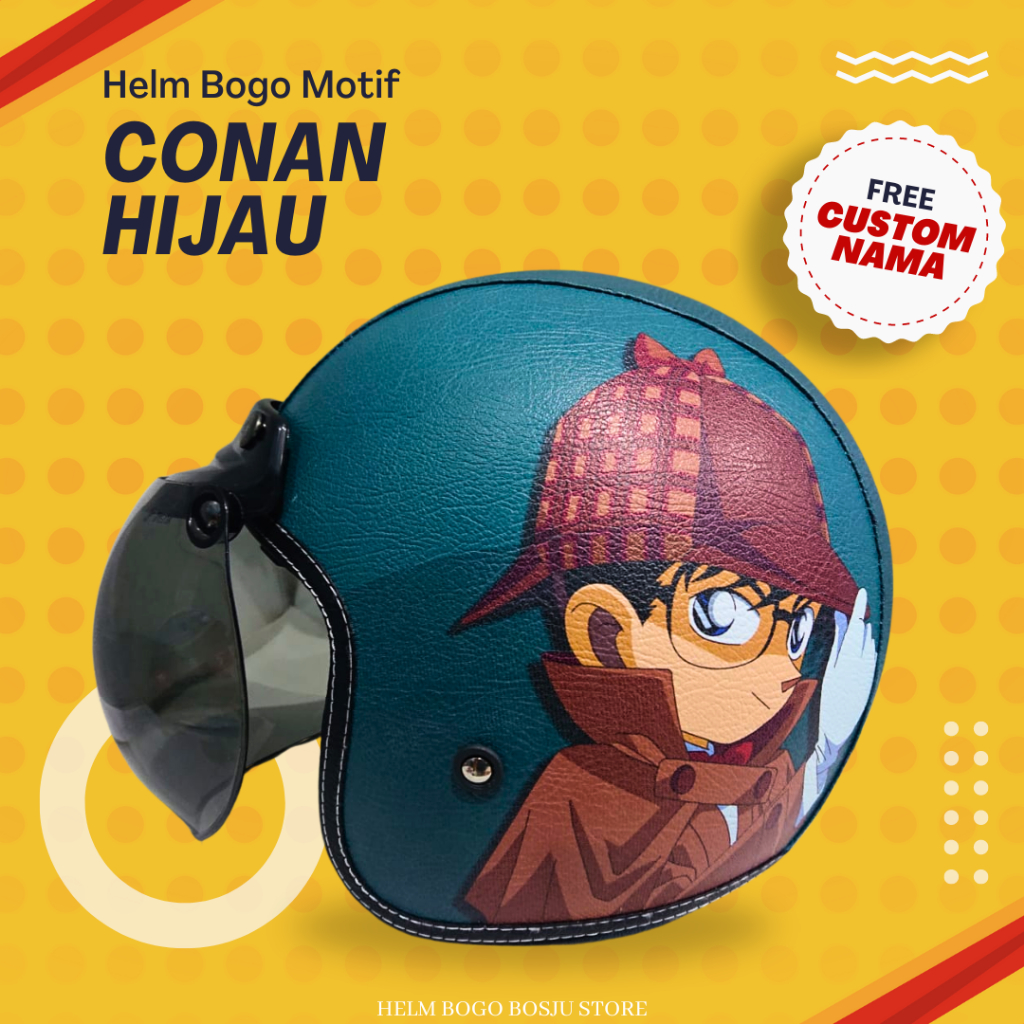 Helm Bogo Motif Conan Hijau | Custom Warna Nama | Helem Retro Klasik Anak Cewek Wanita Remaja Dewasa