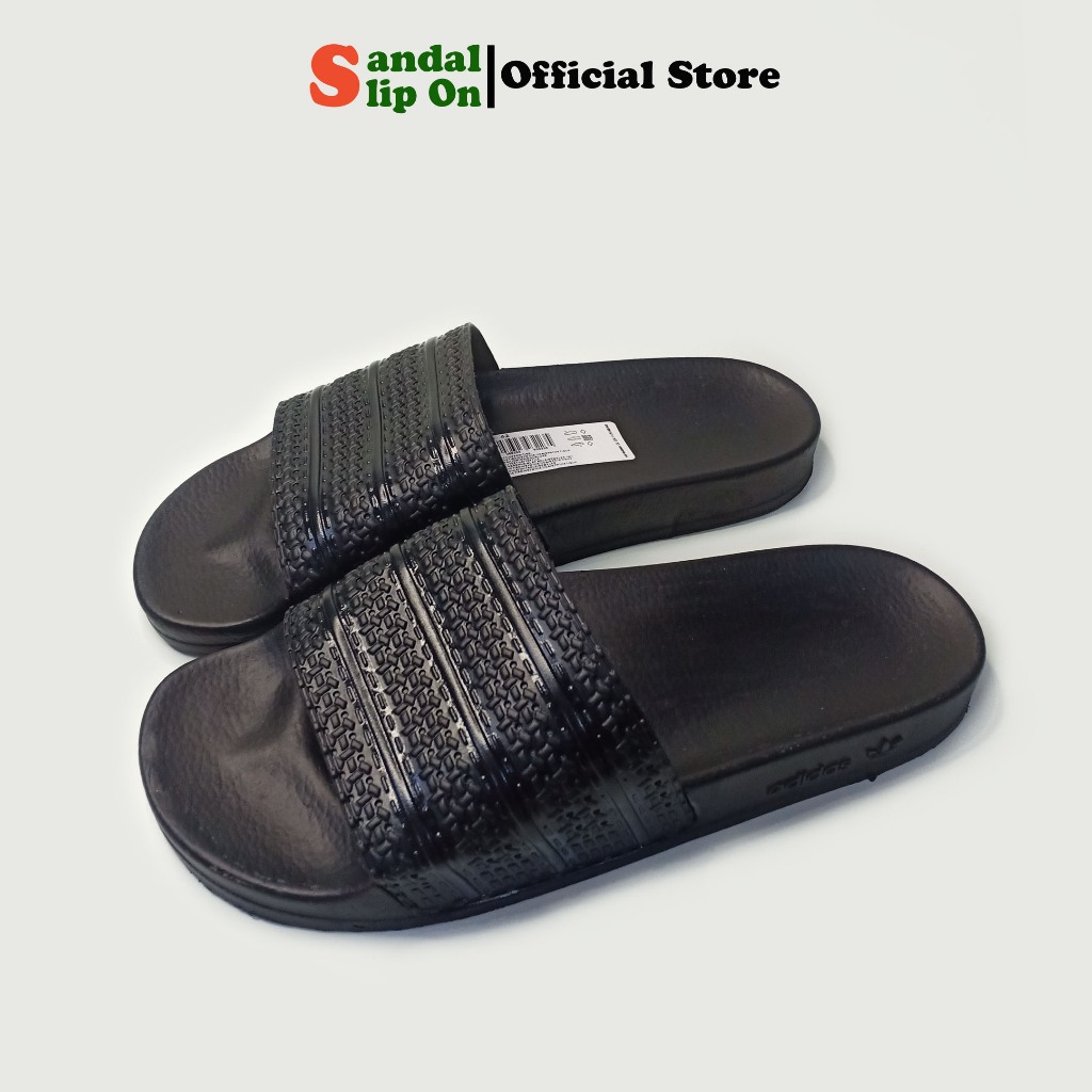 Sandal slide Casual Adidas pria wanita tipe Slip On warna Hitam motif garis Hitam Upper premium