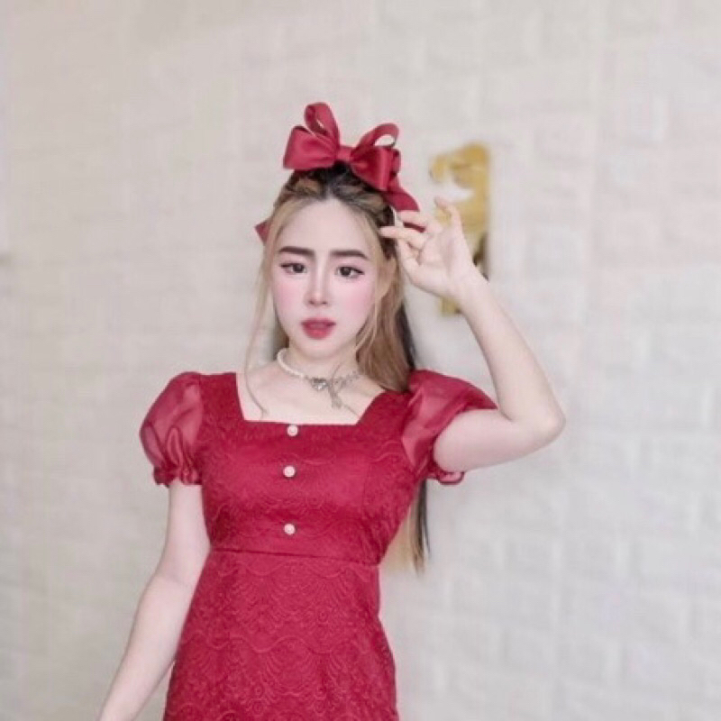 DRESS MERAH puff lace square neck cheongsam imlek pakaian wanita red rok sexy baju cny import bangko