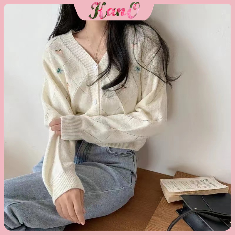 KANO Cardigan Rajut Cute Chic Girl Outer Knit Motif Blossom Outer Knit Rajut Lengan Panjang