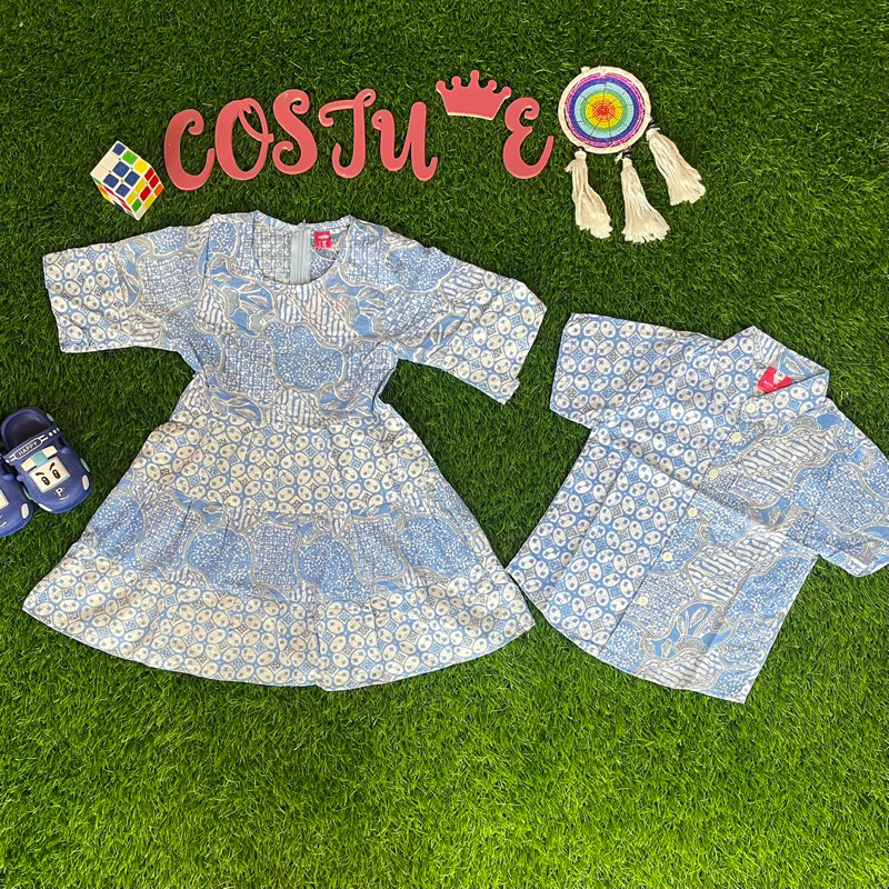 Batik Costume Couple Dress Dan Kemeja Batik Anak Kawung Mixing Biru Muda Kemeja Dan Dress Anak Coupl