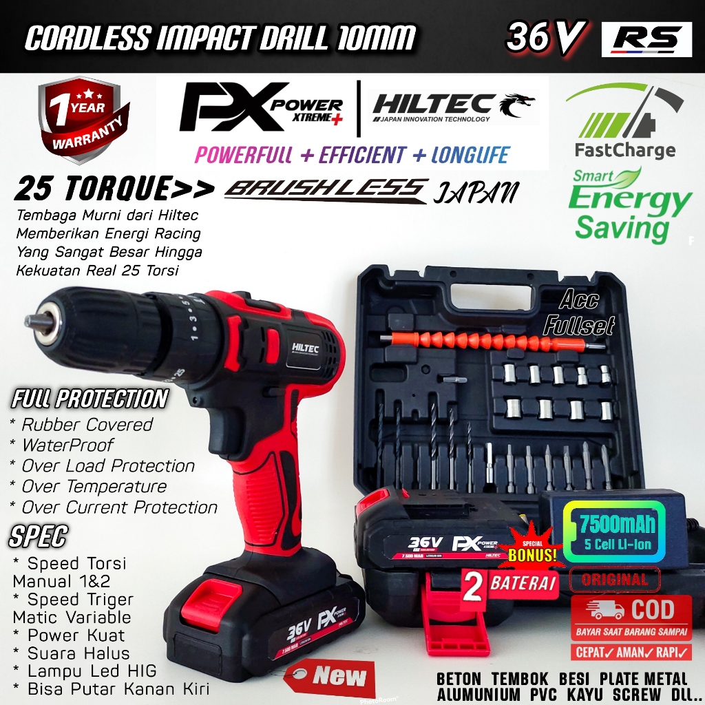 Cordless Drill Impact Screw Mesin Bor Battrey Baterai HILTEC 36V RS Red Edition 10mm 7500MAH Besi Ka