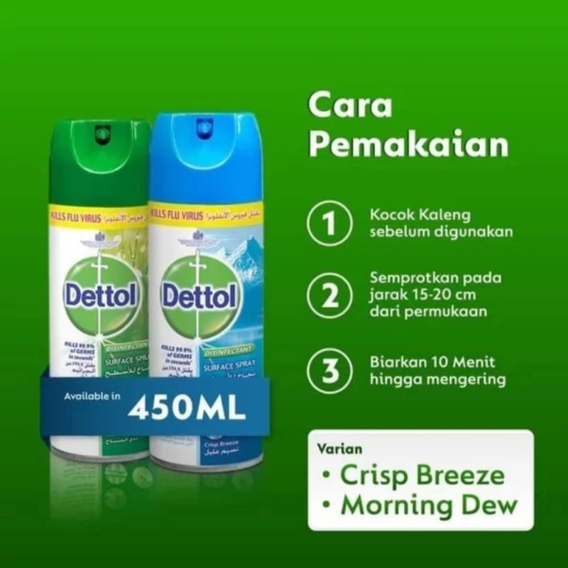 1 Botol Dettol Disinfectant Spray Crisp Breeze (biru), Morning Dew (hijau) 225 ML, 450 ML JunDW