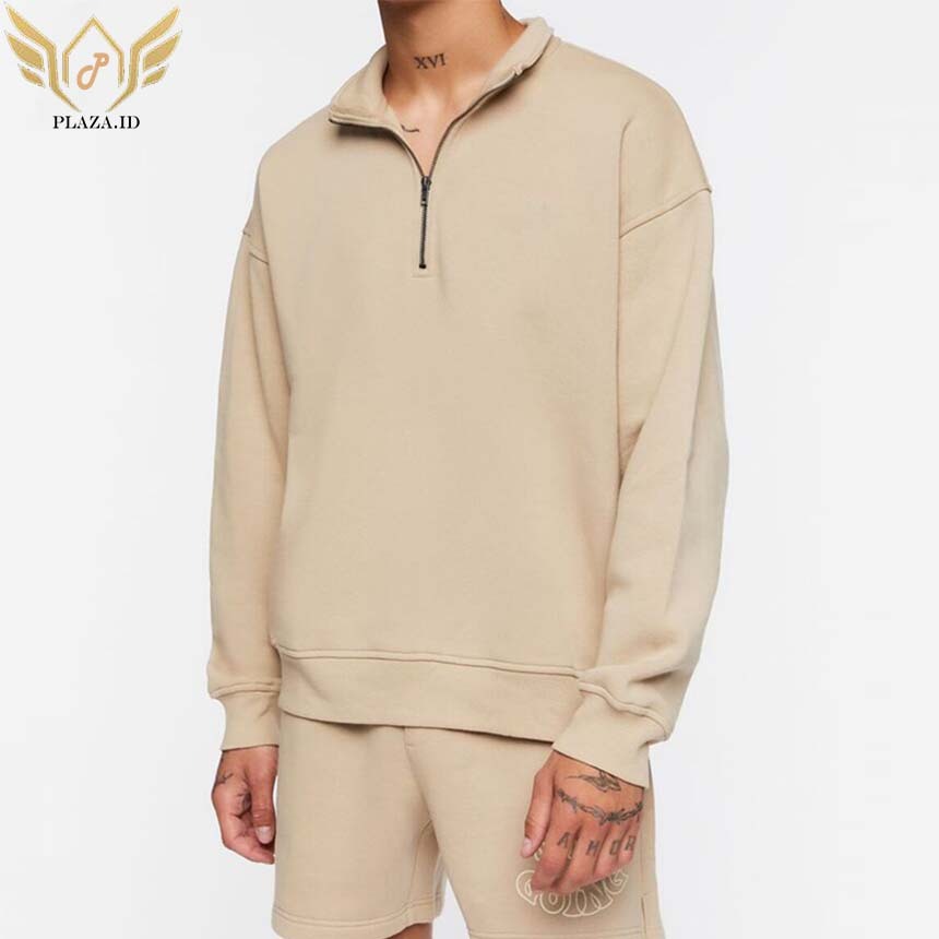Half Zip Sweater Jaket Sweater Kerah Kombinasi BEIGE  Oversize S-6XL