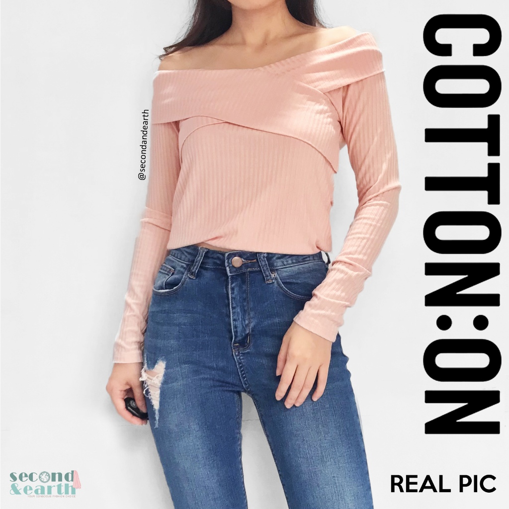 Cotton On Sweater (XXS-S) Atasan Rajut Lengan Panjang Sabrina Ribbed Pink Polos Long Sleeve Off Shou