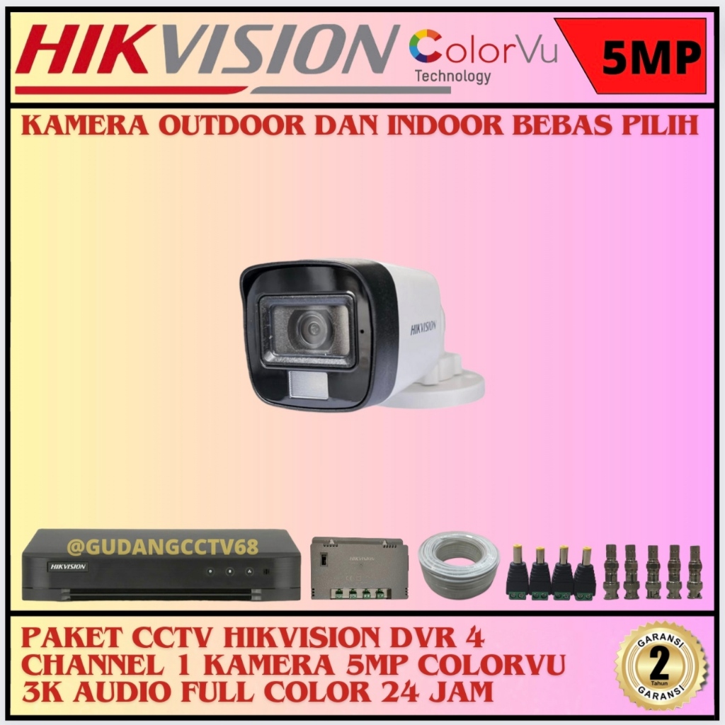 Paket CCTV HIKVISION 4 Channel 1 Camera HIKVISION 5MP Colorvu 3K Full Colour AUDIO SERIES Komplit