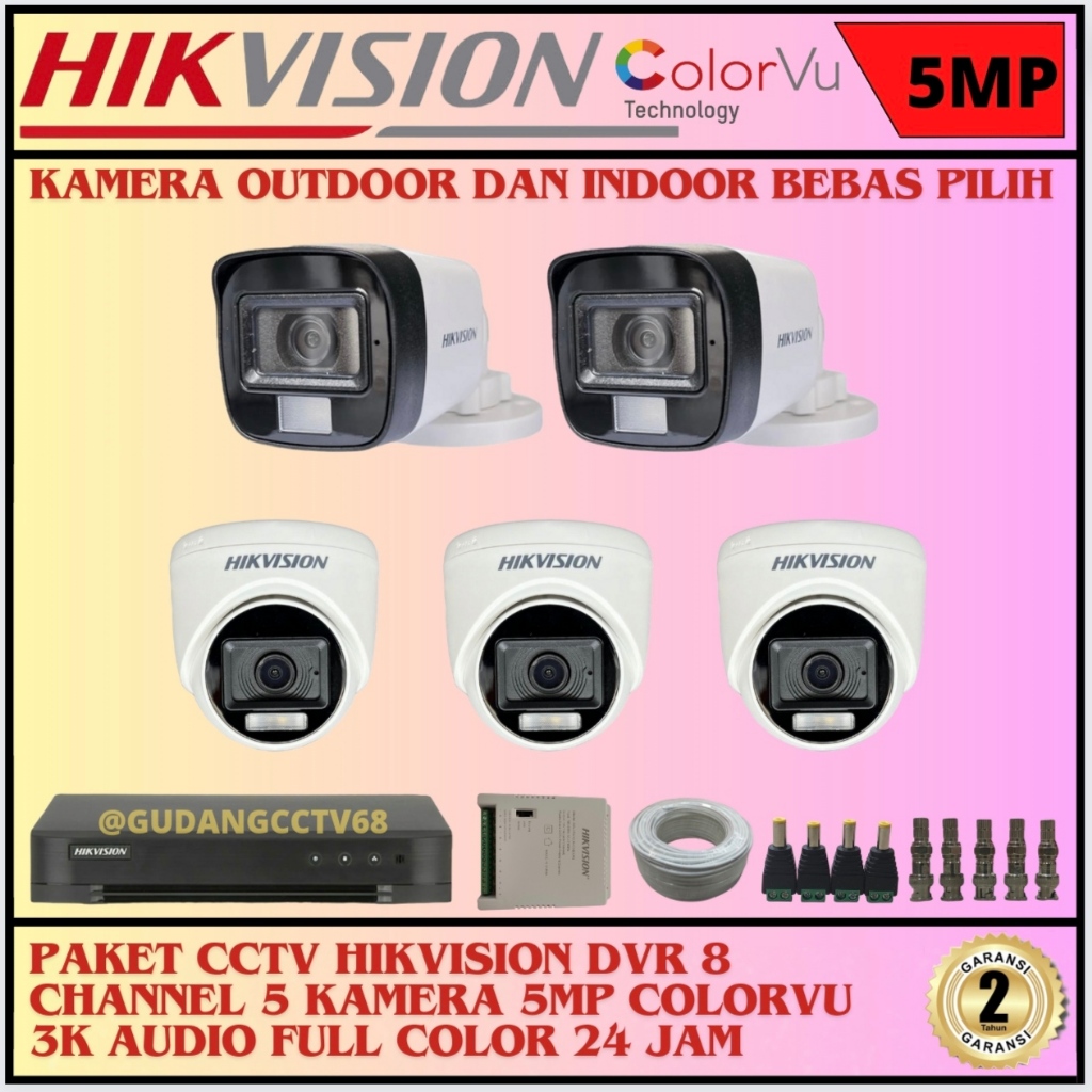 Paket CCTV HIKVISION 8 Channel 5 Camera HIKVISION 5MP Colorvu 3K Full Colour AUDIO SERIES Komplit