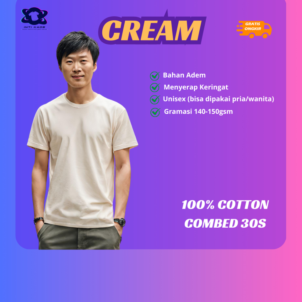 Kaos Polos Warna Cream Pria Wanita 30s Cotton Combed 100% Katun