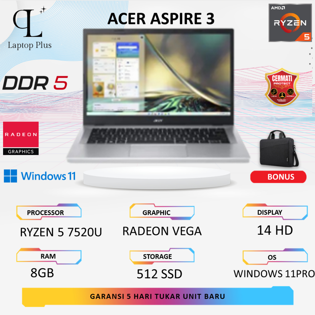 Laptop Acer Aspire 3 Ryzen 5 7520U 512 SSD 8GB Vega 7 Win 11Pre