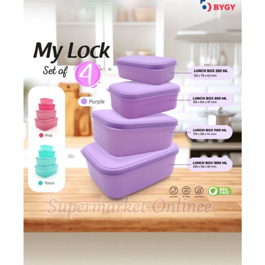 Toples Kotak Serbaguna Mylock Set 4pcs / Lunch Box Set Isi 4 / Tempat Makanan Bekal Rantang Piknik T