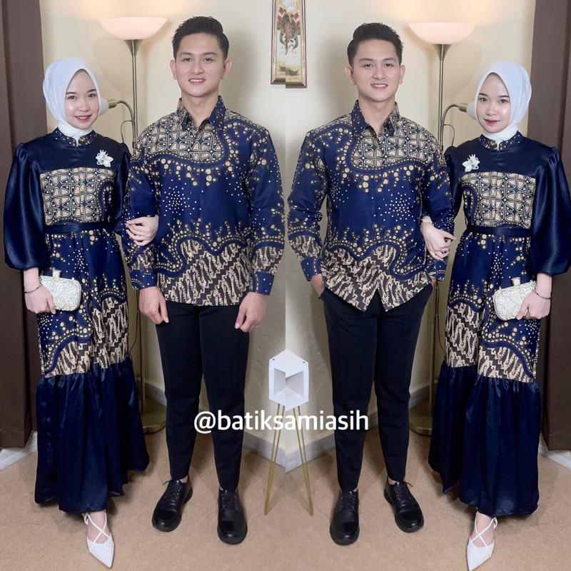 Ellena Gamis Couple Set Hijab Batik Kombinasi Polos Santorini Silk Premium