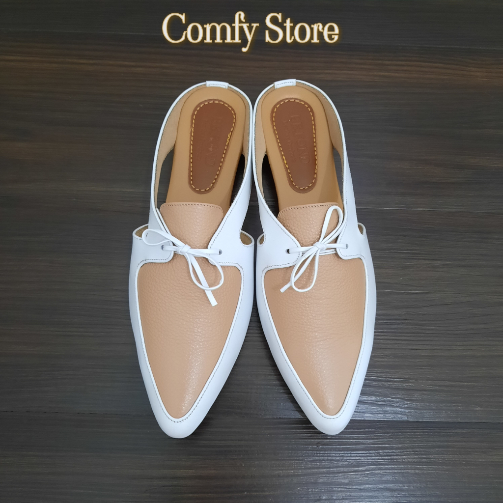 Sepatu Wanita Mules Kulit Sapi Asli - Flat Mules Selop Wanita Putih Salem