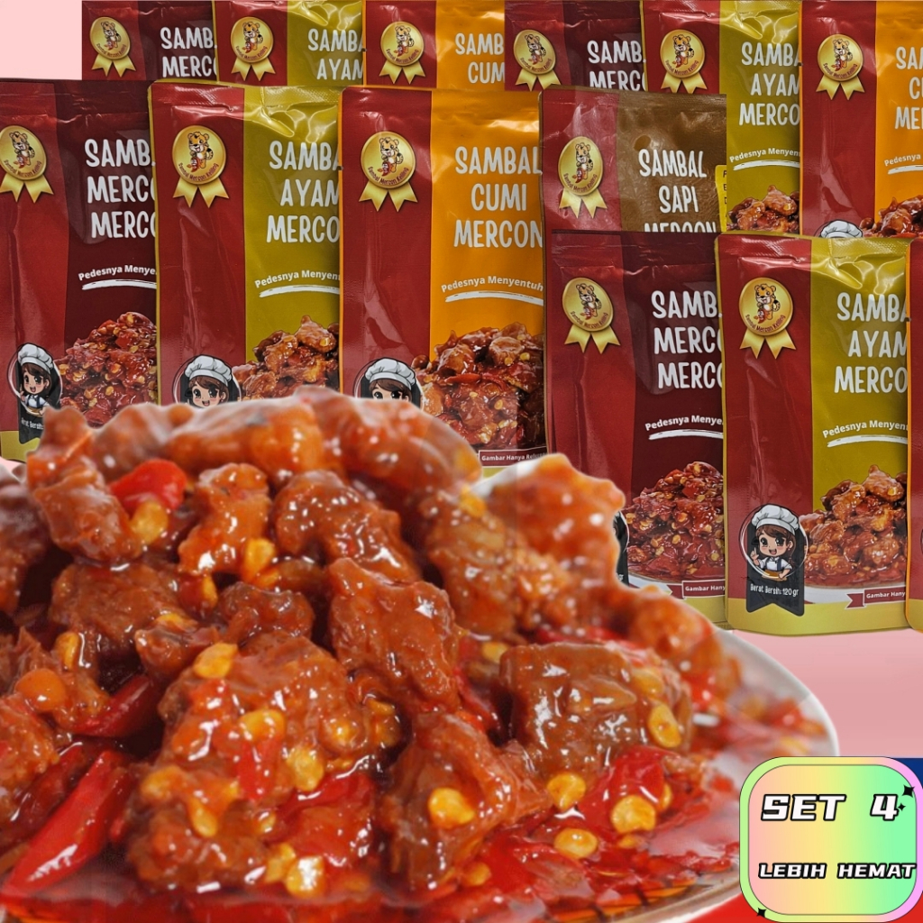 

Sambal Mercon keliling -120Gr SET 4 LEBIH HEMAT SAMBAL CUMI SAMBEL AYAM SAMBEL SAPI SAMBAL Ceker