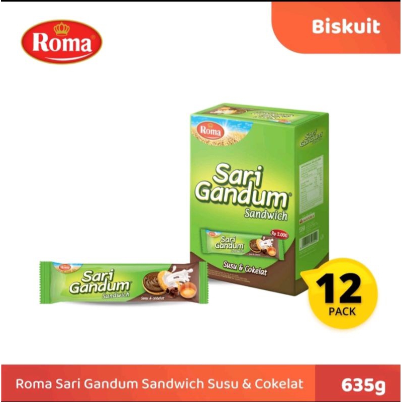 

Roma Sari Gandum Sachet 36 Gr Biskuit Gandum dengan sandwich coklat.