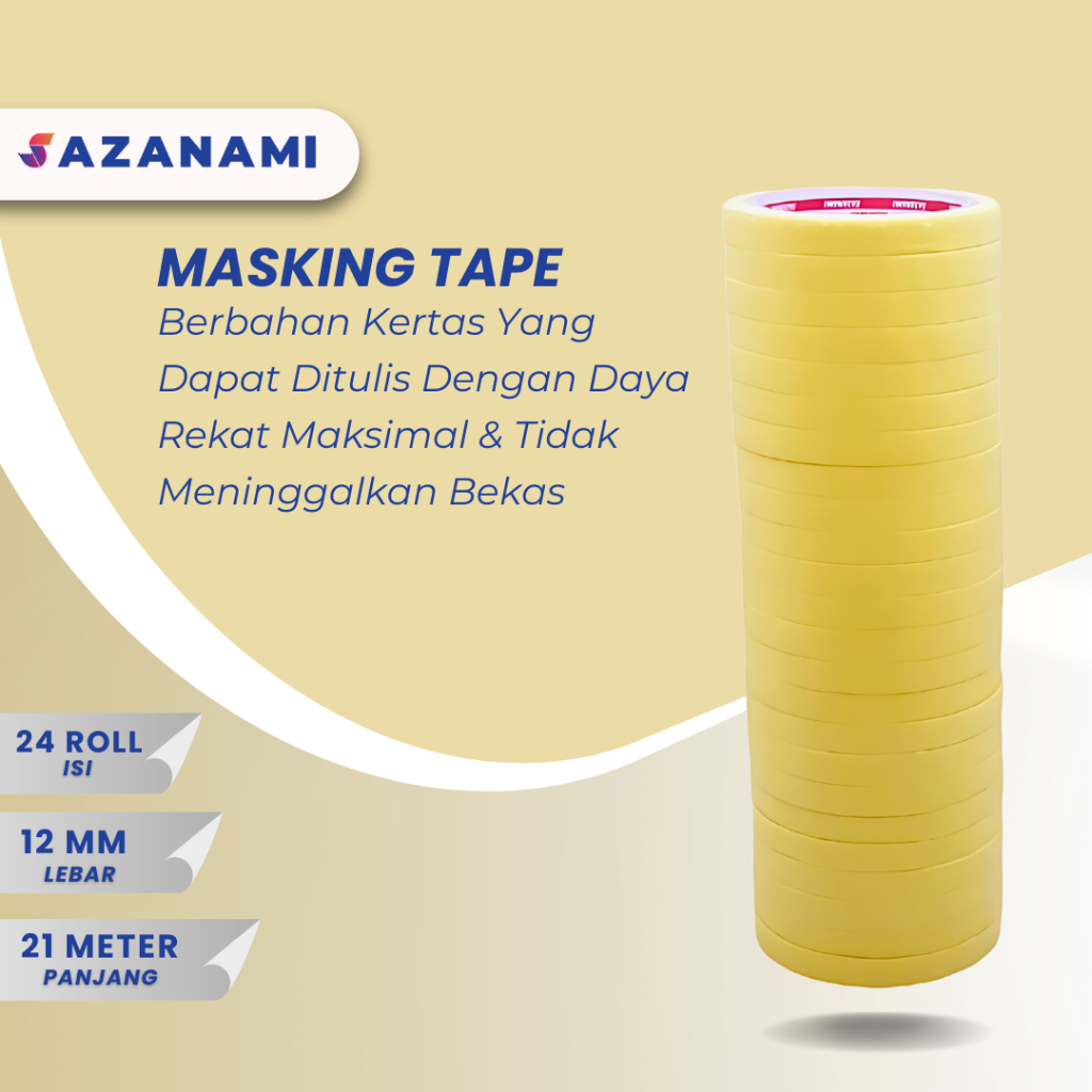 

YEN 1 Pack Lakban Kertas Masking Tape 1/2" Inch 12mm x 21m Sazanami Isolasi