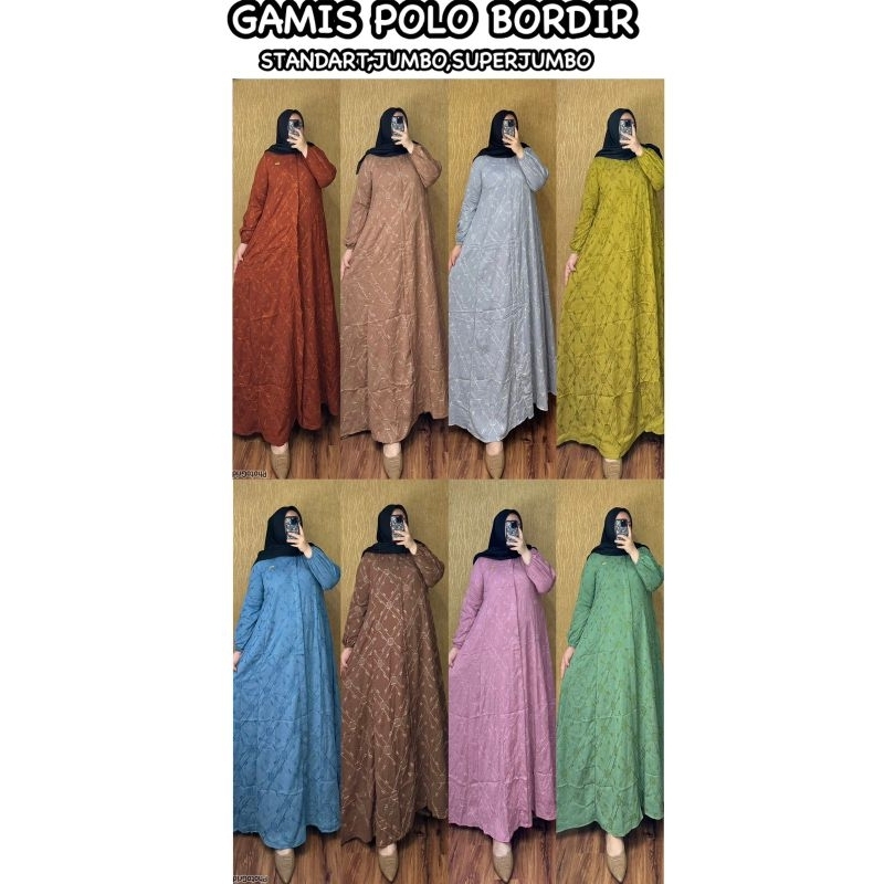 GAMIS POLOLINEN PREMIUM MOTIF BORDIR MEWAH CANTIK ELEGAN SERAGAMAN REMAJA DEWASA SUPER JUMBO STANDAR