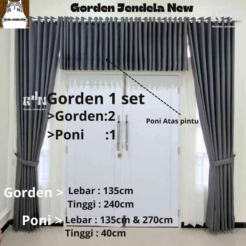 1 PAKET Gorden Blackout + Poni / GORDEN 1 SET DENGAN PONI ATAS PINTU DOFF | Gorden Blackout Polos 1 