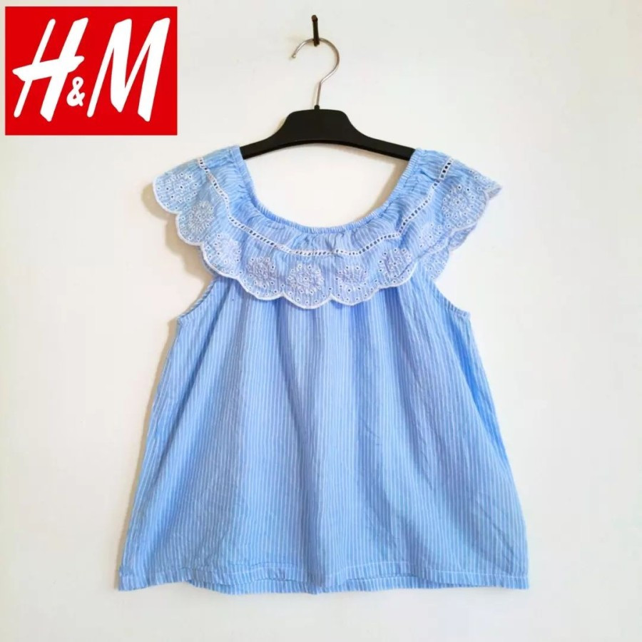Atasan blouse semi crop kerah sabrina katbol anak 6-8 thn HnM biru pl