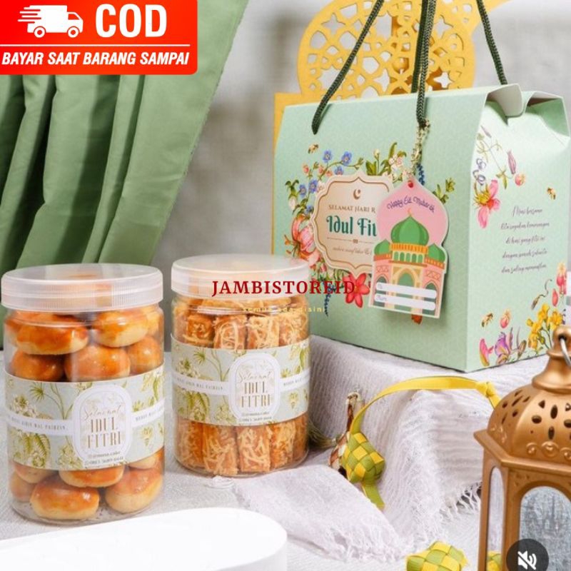 

(JAMBISTOREID) Hampers Parcel Kue Kering Tema Lebaran Tas Pita Hijau Hadiah Kado Cookies Toples Tabung Happy Eid Mubarak Jambi