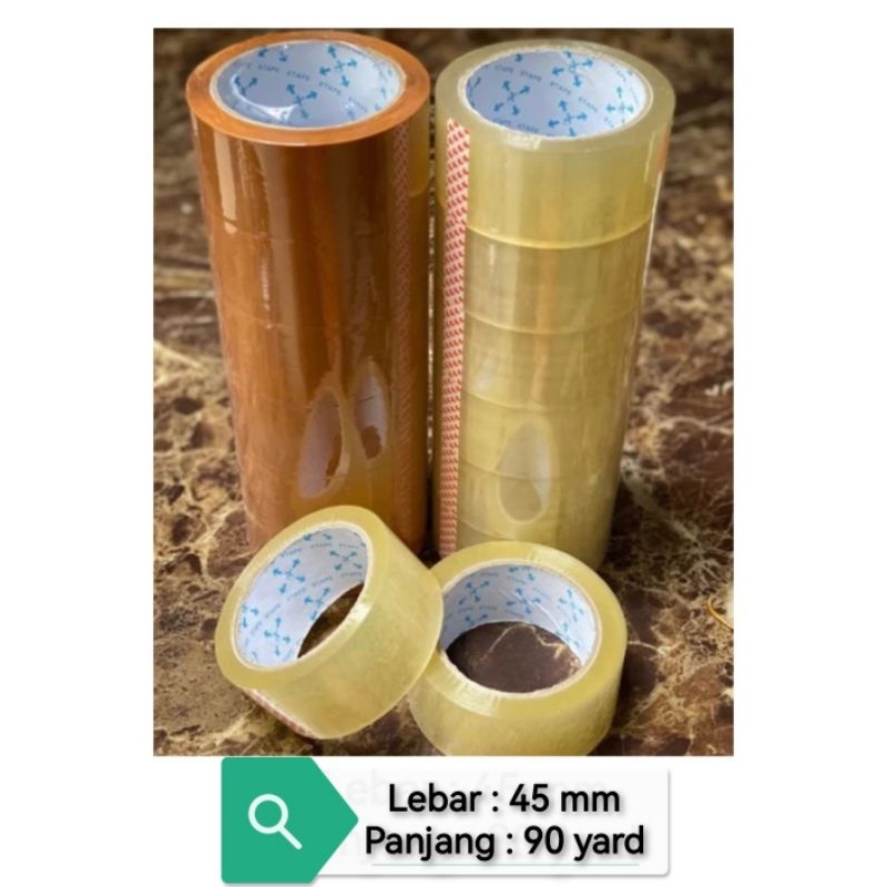 

Lakban, Warna : Bening / Clear ukuran 45 mm x 90 yard, 1 roll isi 6 pcs