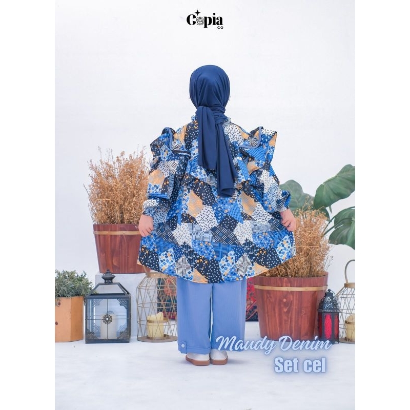 MAUDY one set | anak umur 3-12thn Denim | stelan anak perempuan long tunik set celana