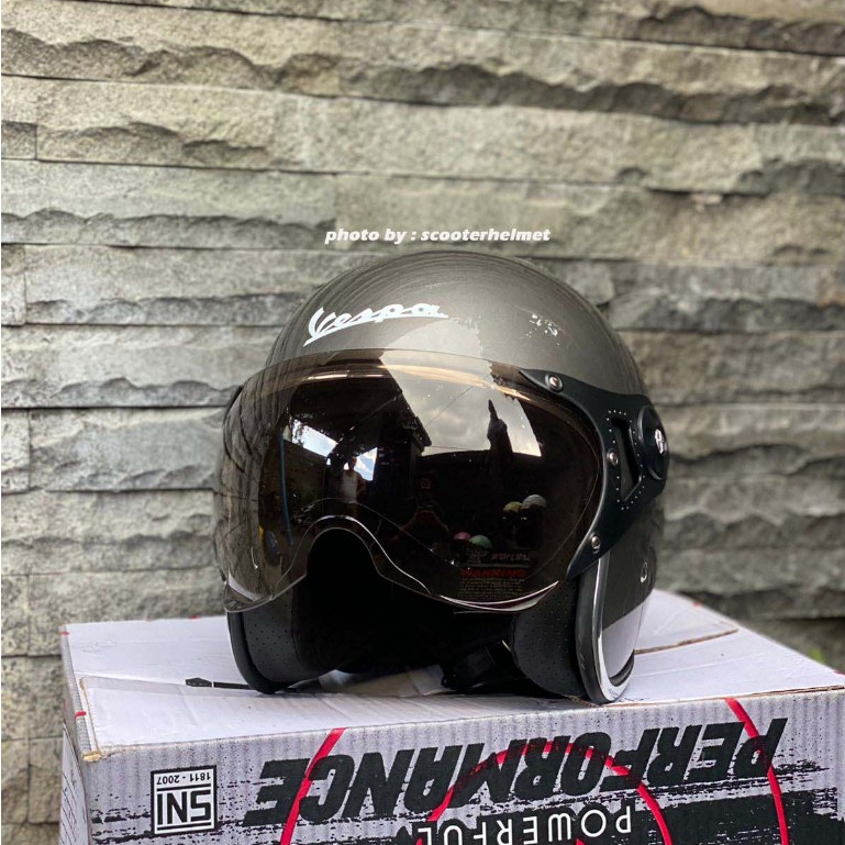 Helm Vespa Italy Abu Gloss Allgrey Bogo Retro Limited Edition + Kaca Visor Original