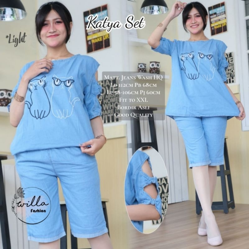 KATYA SETELAN JEANS LENGAN PENDEK / SETELAN WANITA JEANS / SETELAN CEWEK LENGAN PENDEK BAHAN JEANS