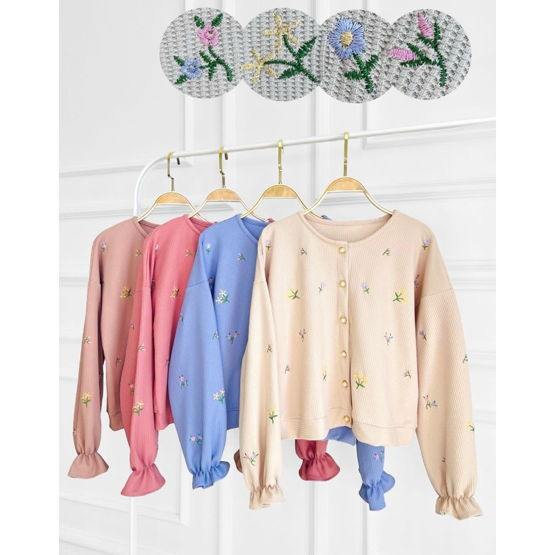 Cardigan Sweater Crop Top Knit Bordir bahan Knit Waffle