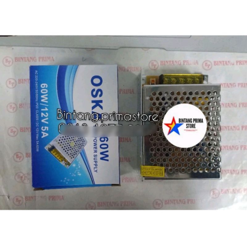 Promo Adaptor / Power Supply 12V - 5A Model S-60W-12 merk Oska