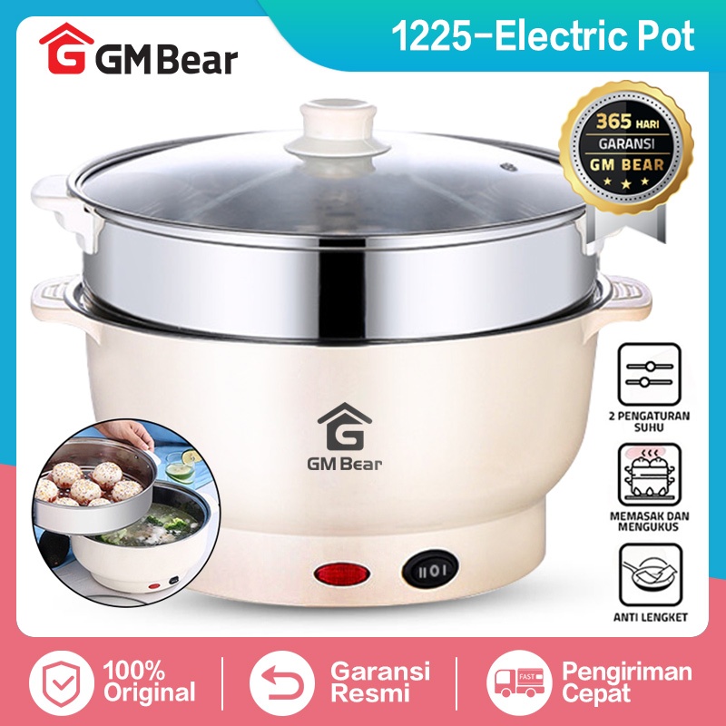 GM Bear Panci Listrik Serbaguna (2 in 1) 1225 - Electric Cooking Pot Free Steamer Stainless